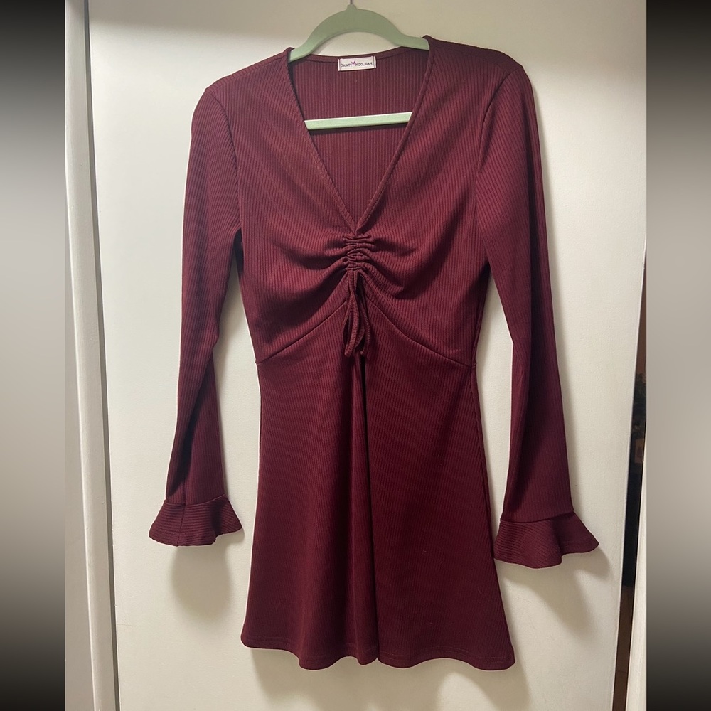 Dainty Hooligan Ruched Long Sleeve Knit Sweater Skater Dress Wine Burgundy